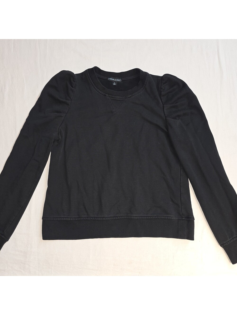 Cynthia Rowley Sweatshirt Womens Size L Black Puff Sleeve Knit Crew Neck Casual